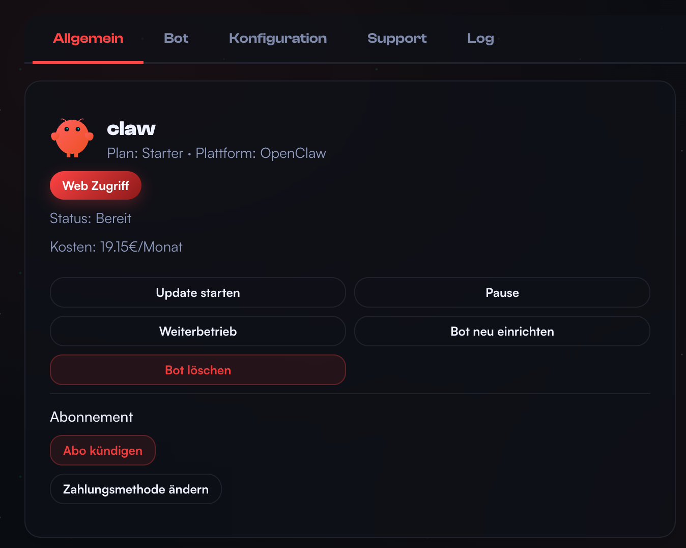 Dashboard — Tab Allgemein
